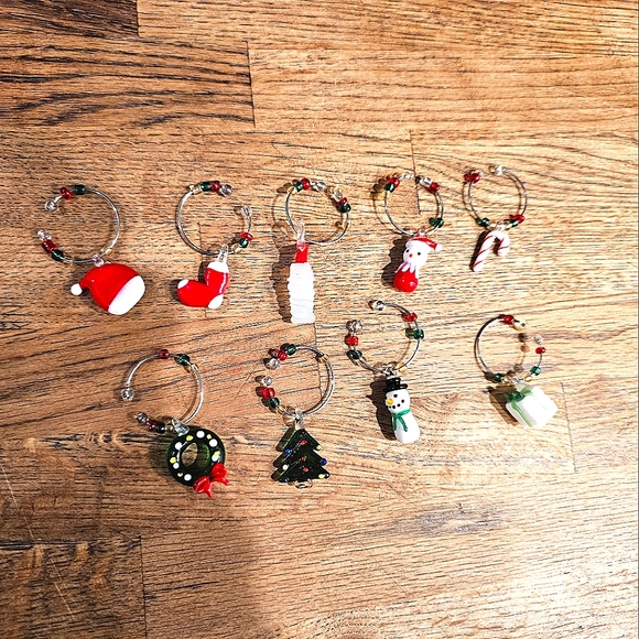 Glass Wine Glass Charms Christmas Holiday Set of 9 - Picture 1 of 6